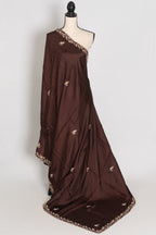Ahiri: Dark Brown Semi Satin Saree with Zardosi Work | Reception Wear