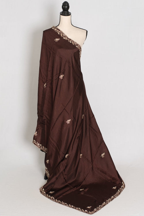 Ahiri: Dark Brown Semi Satin Saree with Zardosi Work | Reception Wear