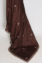 Ahiri: Dark Brown Semi Satin Saree with Zardosi Work | Reception Wear