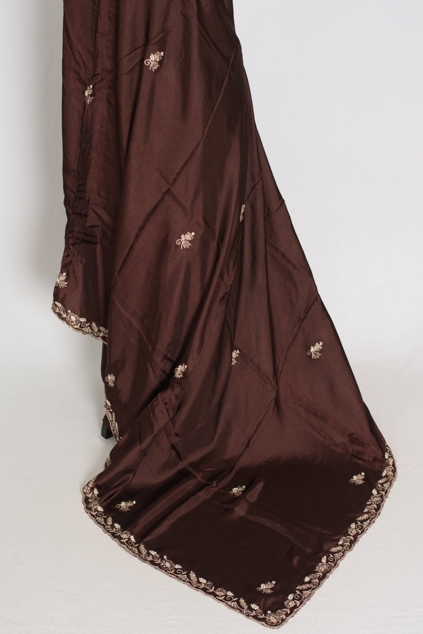 Ahiri: Dark Brown Semi Satin Saree with Zardosi Work | Reception Wear