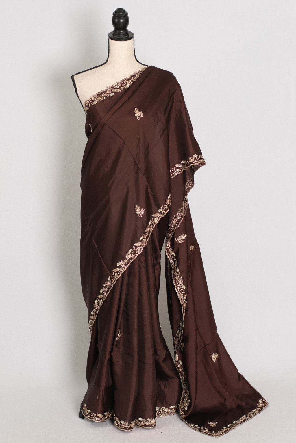 Ahiri: Dark Brown Semi Satin Saree with Zardosi Work | Reception Wear