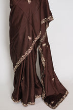 Ahiri: Dark Brown Semi Satin Saree with Zardosi Work | Reception Wear