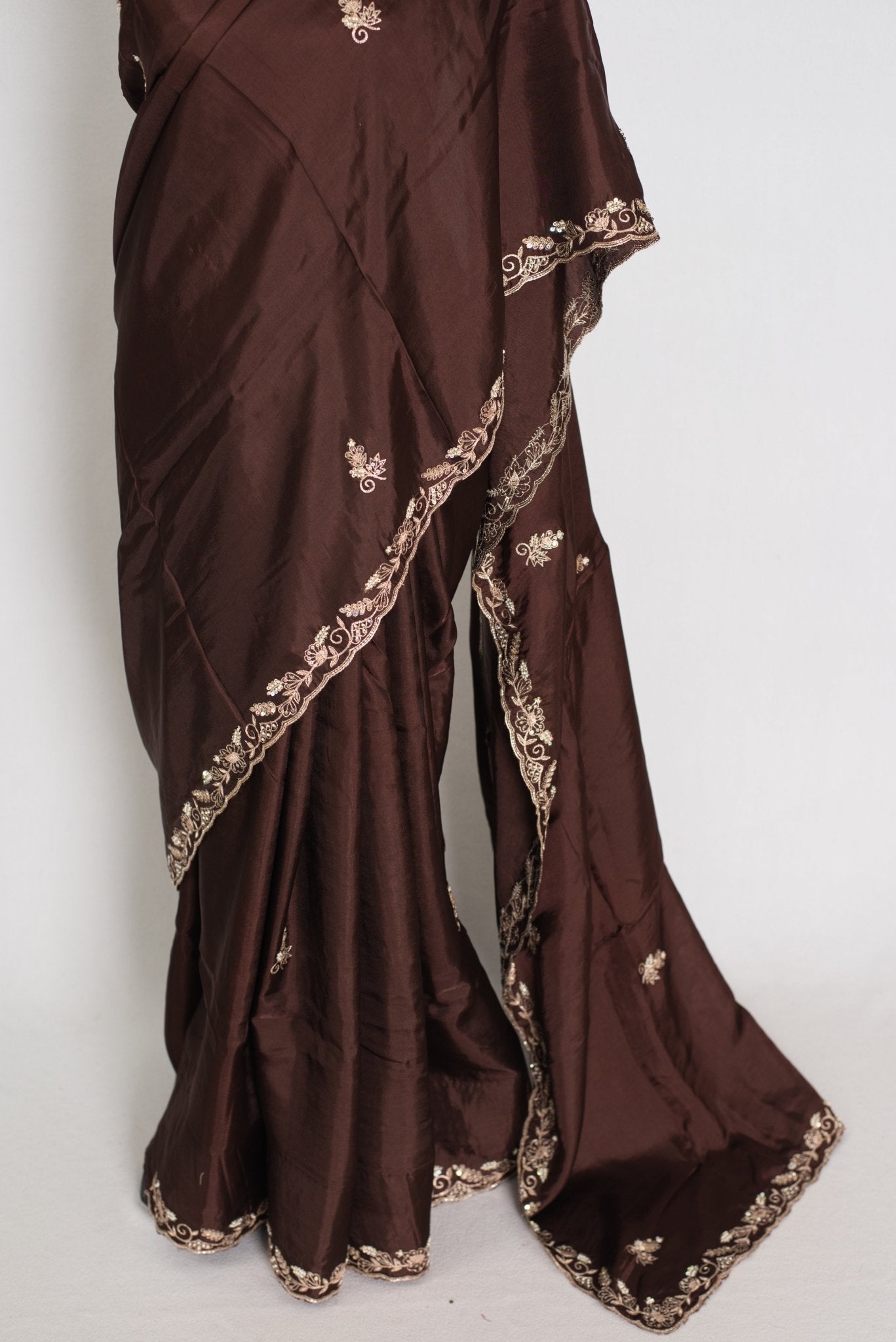 Ahiri: Dark Brown Semi Satin Saree with Zardosi Work | Reception Wear