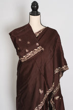 Ahiri: Dark Brown Semi Satin Saree with Zardosi Work | Reception Wear