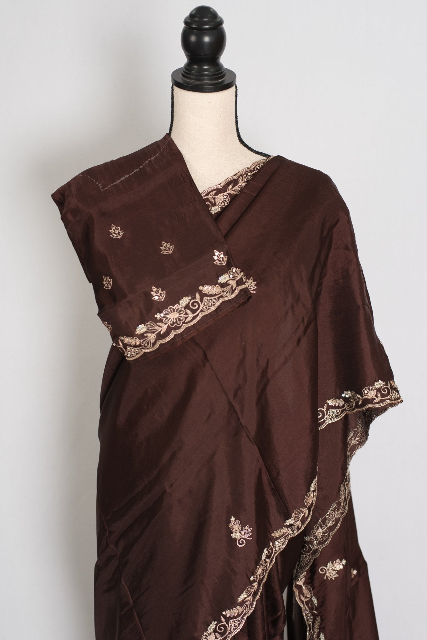 Ahiri: Dark Brown Semi Satin Saree with Zardosi Work | Reception Wear