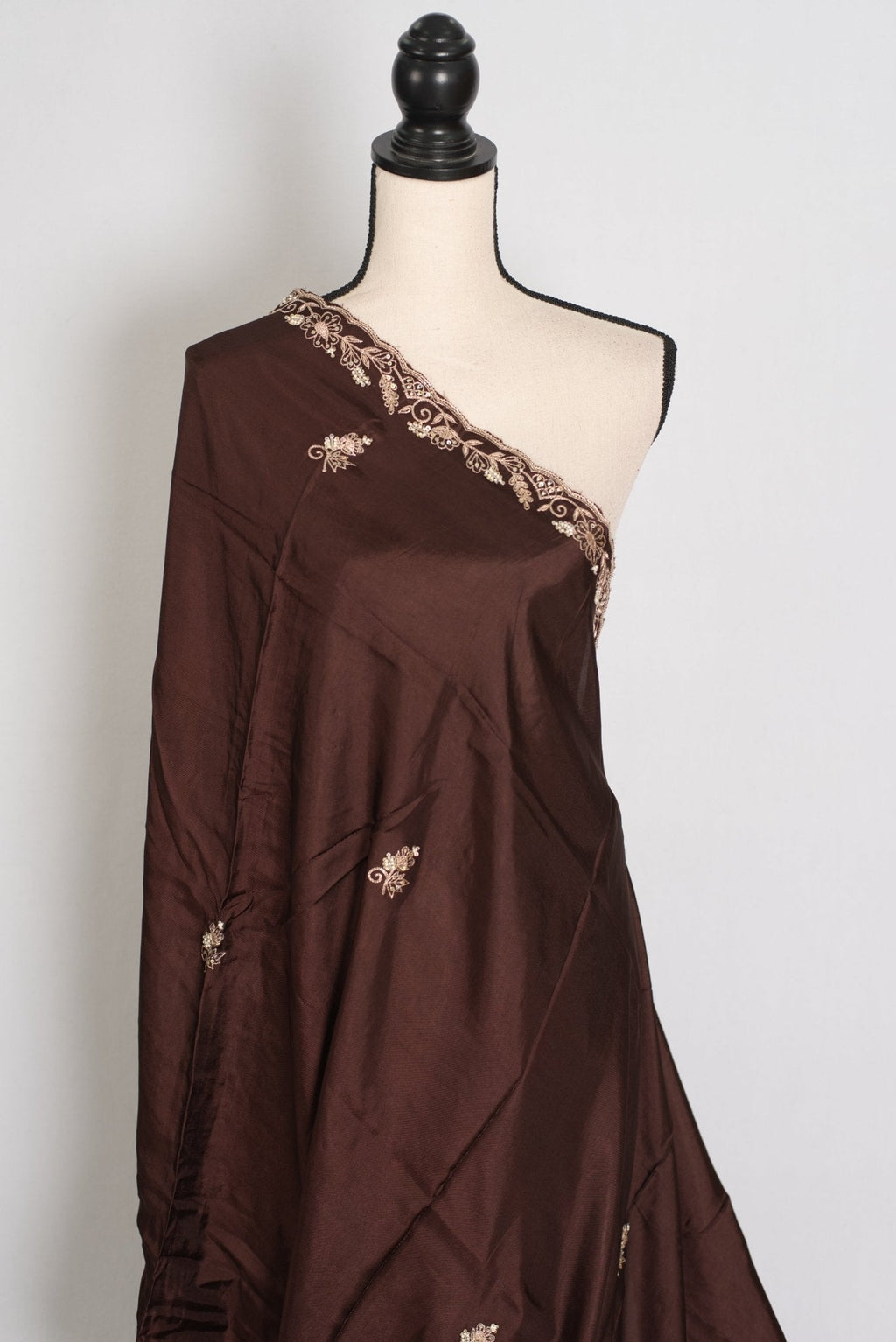 Ahiri: Dark Brown Semi Satin Saree with Zardosi Work | Reception Wear