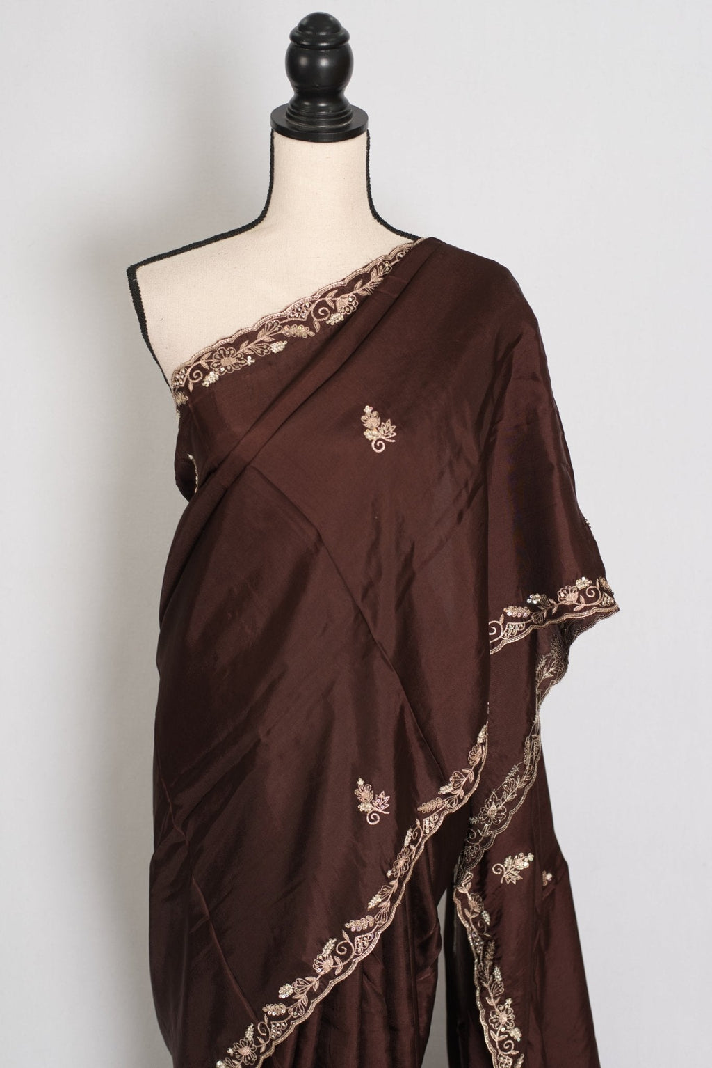 Ahiri: Dark Brown Semi Satin Saree with Zardosi Work | Reception Wear