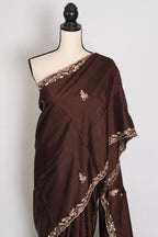 Ahiri: Dark Brown Semi Satin Saree with Zardosi Work | Reception Wear
