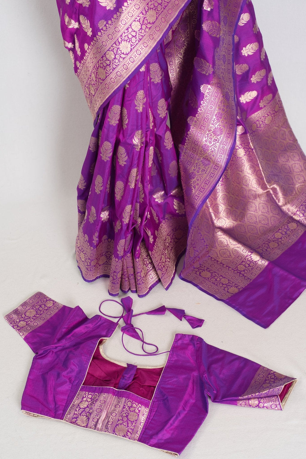 Ambika: Purple & Gold Jangla Banarasi Silk Saree with 38 Size Stitched Blouse