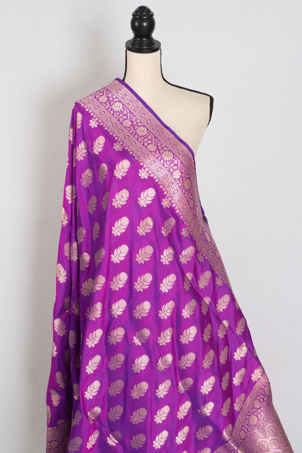Ambika: Purple & Gold Jangla Banarasi Silk Saree with 38 Size Stitched Blouse