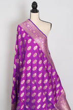 Ambika: Purple & Gold Jangla Banarasi Silk Saree with 38 Size Stitched Blouse