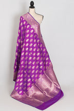 Ambika: Purple & Gold Jangla Banarasi Silk Saree with 38 Size Stitched Blouse