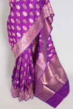 Ambika: Purple & Gold Jangla Banarasi Silk Saree with 38 Size Stitched Blouse