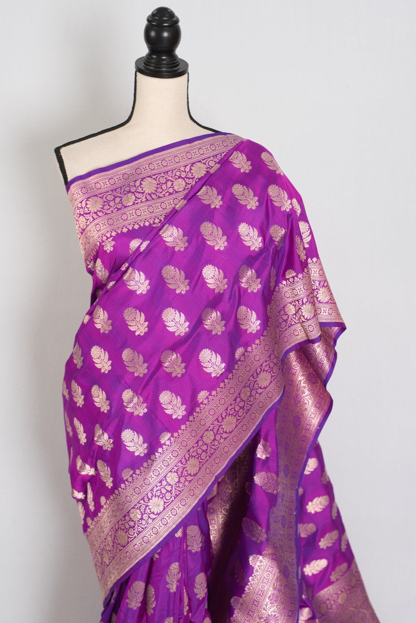 Ambika: Purple & Gold Jangla Banarasi Silk Saree with 38 Size Stitched Blouse