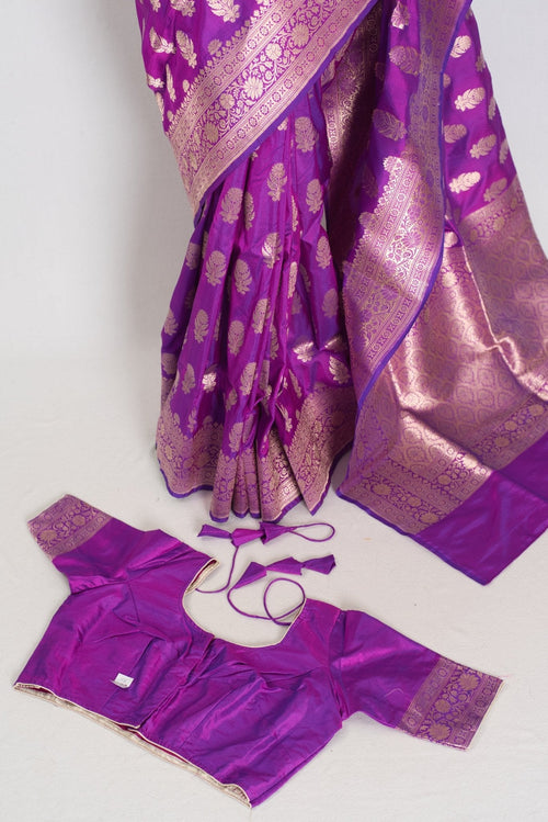 Ambika: Purple & Gold Jangla Banarasi Silk Saree with 38 Size Stitched Blouse