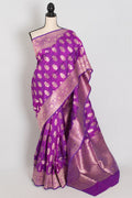 Ambika: Purple & Gold Jangla Banarasi Silk Saree with 38 Size Stitched Blouse
