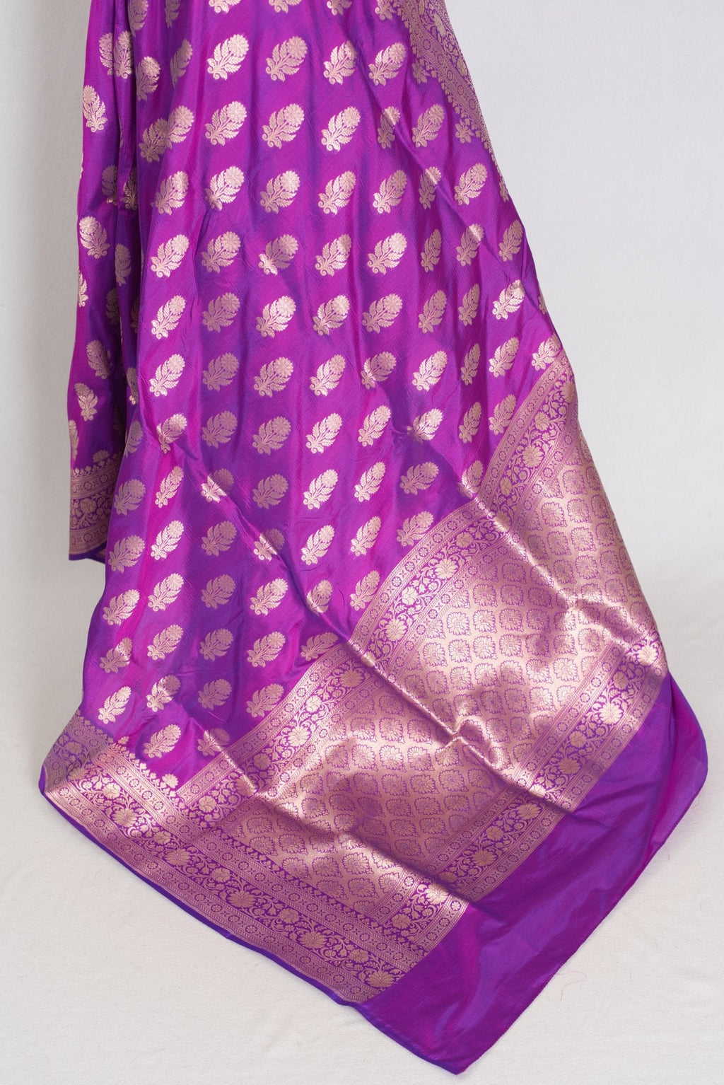 Ambika: Purple & Gold Jangla Banarasi Silk Saree with 38 Size Stitched Blouse