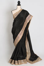 Arifa : Designer Semi Satin Black Partywear Saree with Patched Gold Border