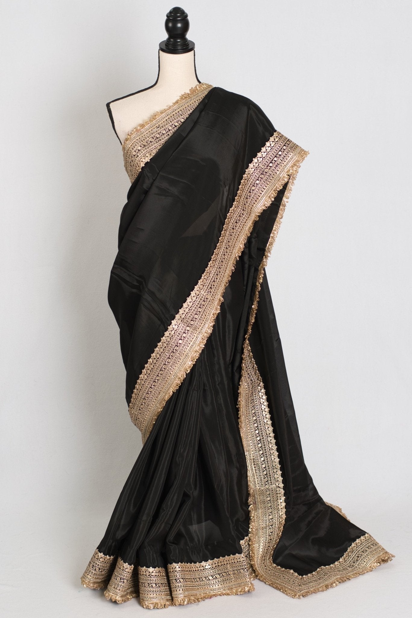 Arifa : Designer Semi Satin Black Partywear Saree with Patched Gold Border