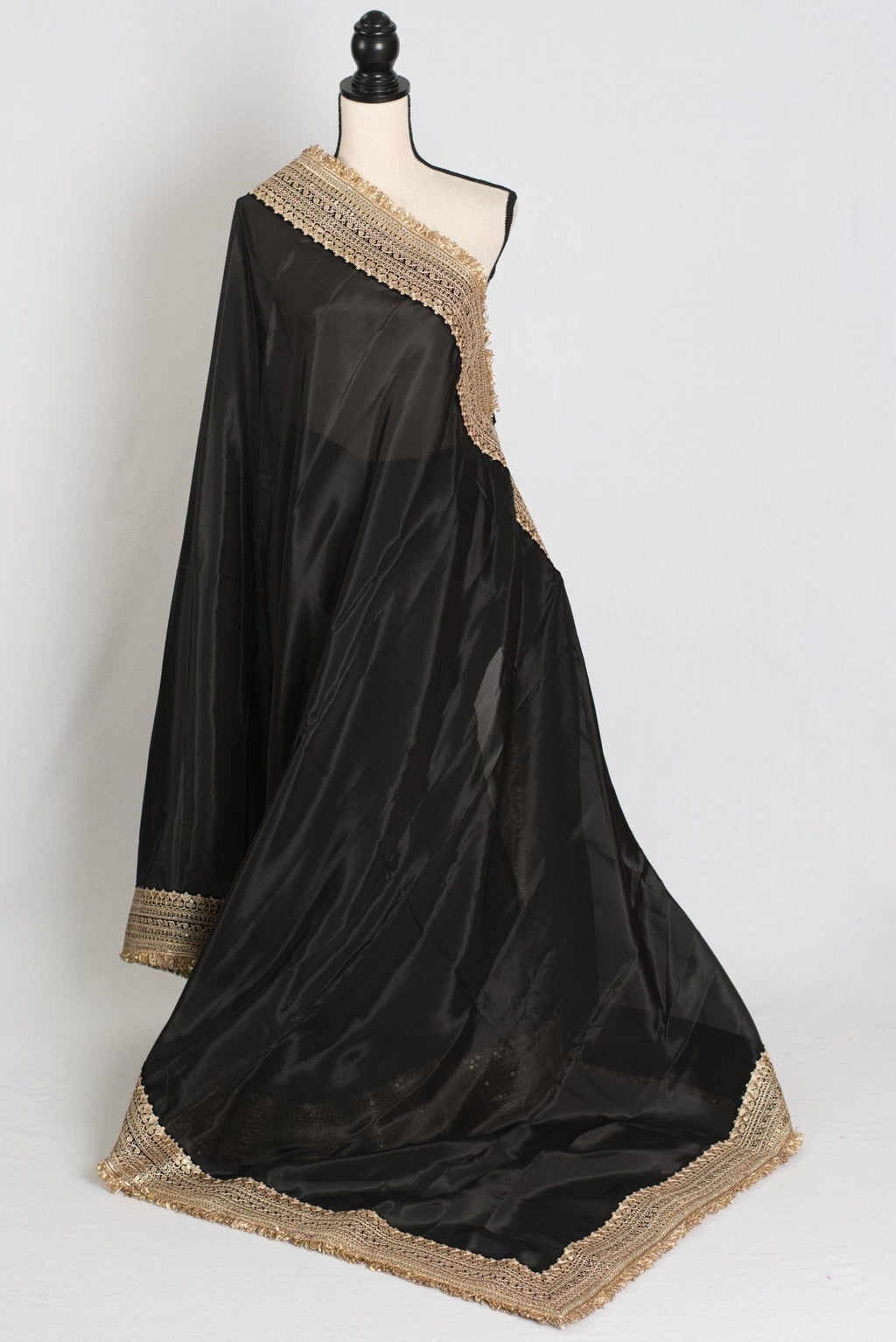 Arifa : Designer Semi Satin Black Partywear Saree with Patched Gold Border