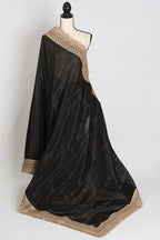 Arifa : Designer Semi Satin Black Partywear Saree with Patched Gold Border