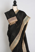 Arifa : Designer Semi Satin Black Partywear Saree with Patched Gold Border