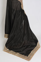 Arifa : Designer Semi Satin Black Partywear Saree with Patched Gold Border