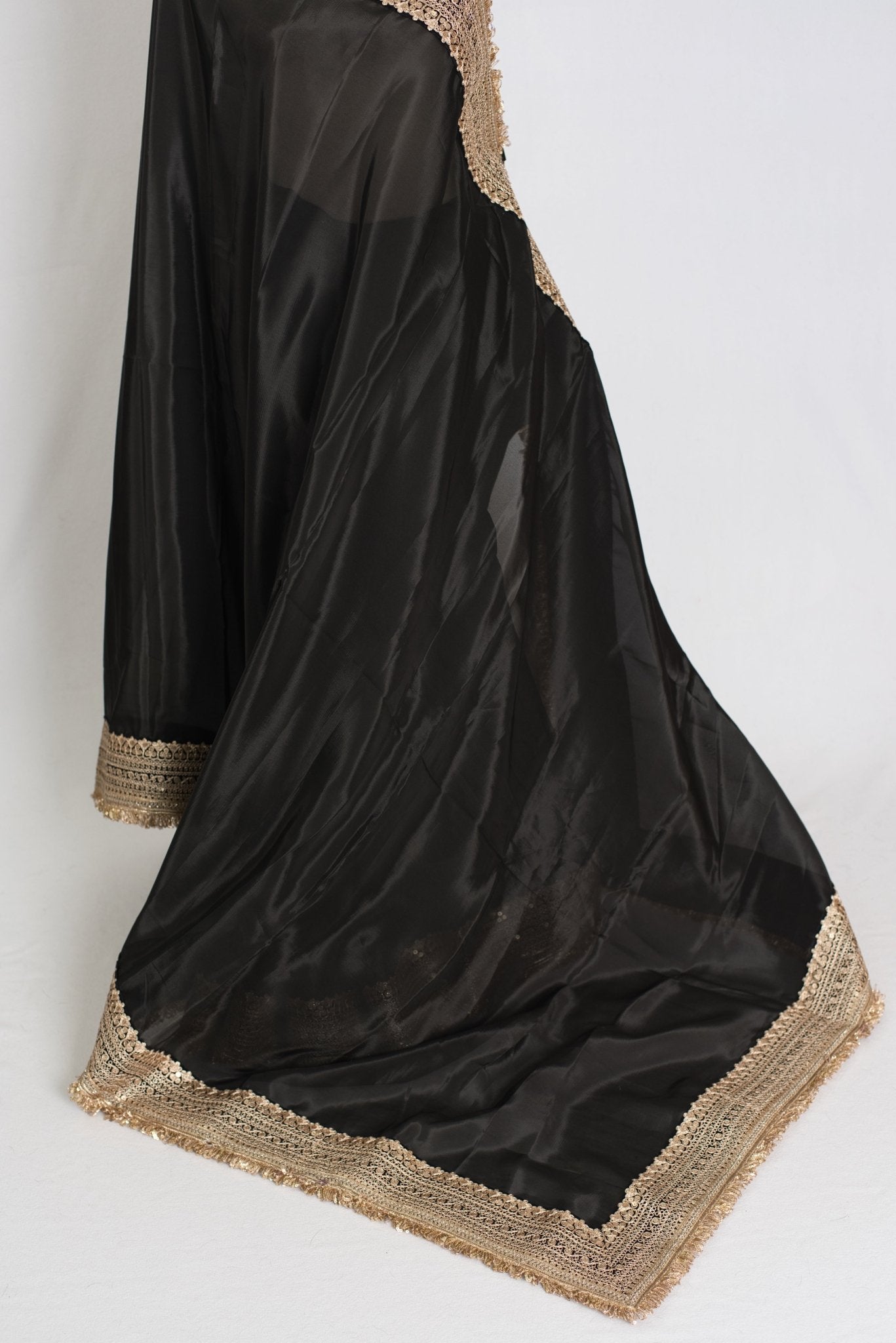 Arifa : Designer Semi Satin Black Partywear Saree with Patched Gold Border