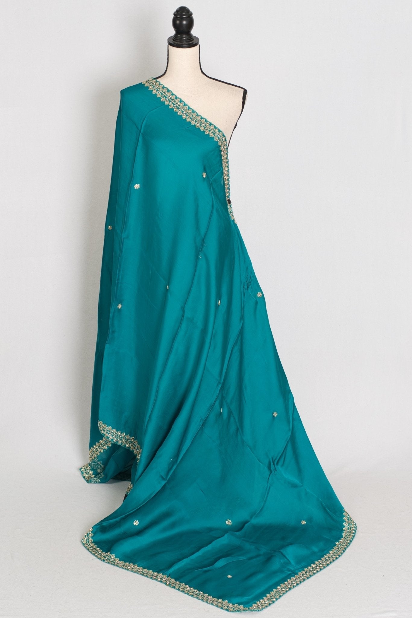 Arifa: Rama Green Satin Saree with Zardosi Work | Size 38 Blouse