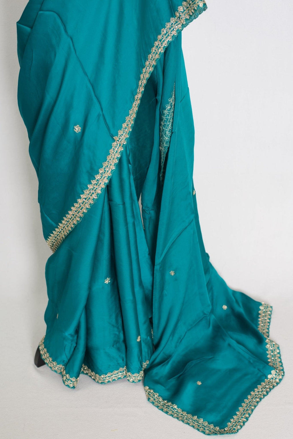 Arifa: Rama Green Satin Saree with Zardosi Work | Size 38 Blouse