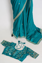 Arifa: Rama Green Satin Saree with Zardosi Work | Size 38 Blouse