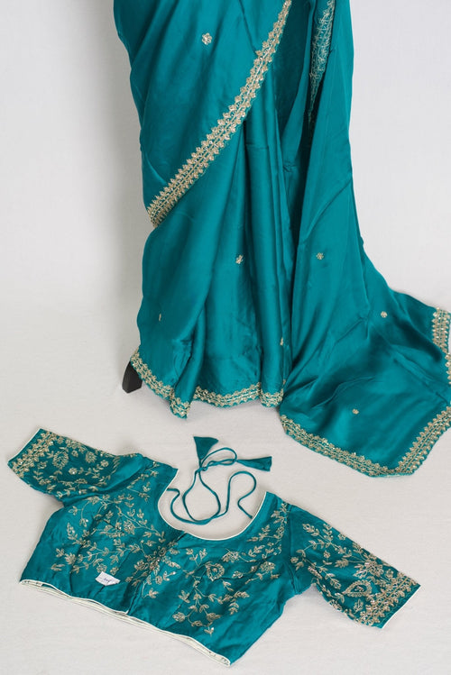 Arifa: Rama Green Satin Saree with Zardosi Work | Size 38 Blouse
