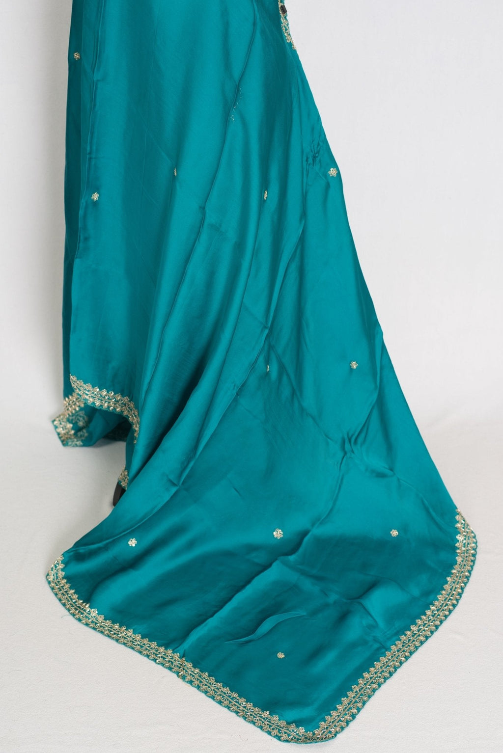 Arifa: Rama Green Satin Saree with Zardosi Work | Size 38 Blouse