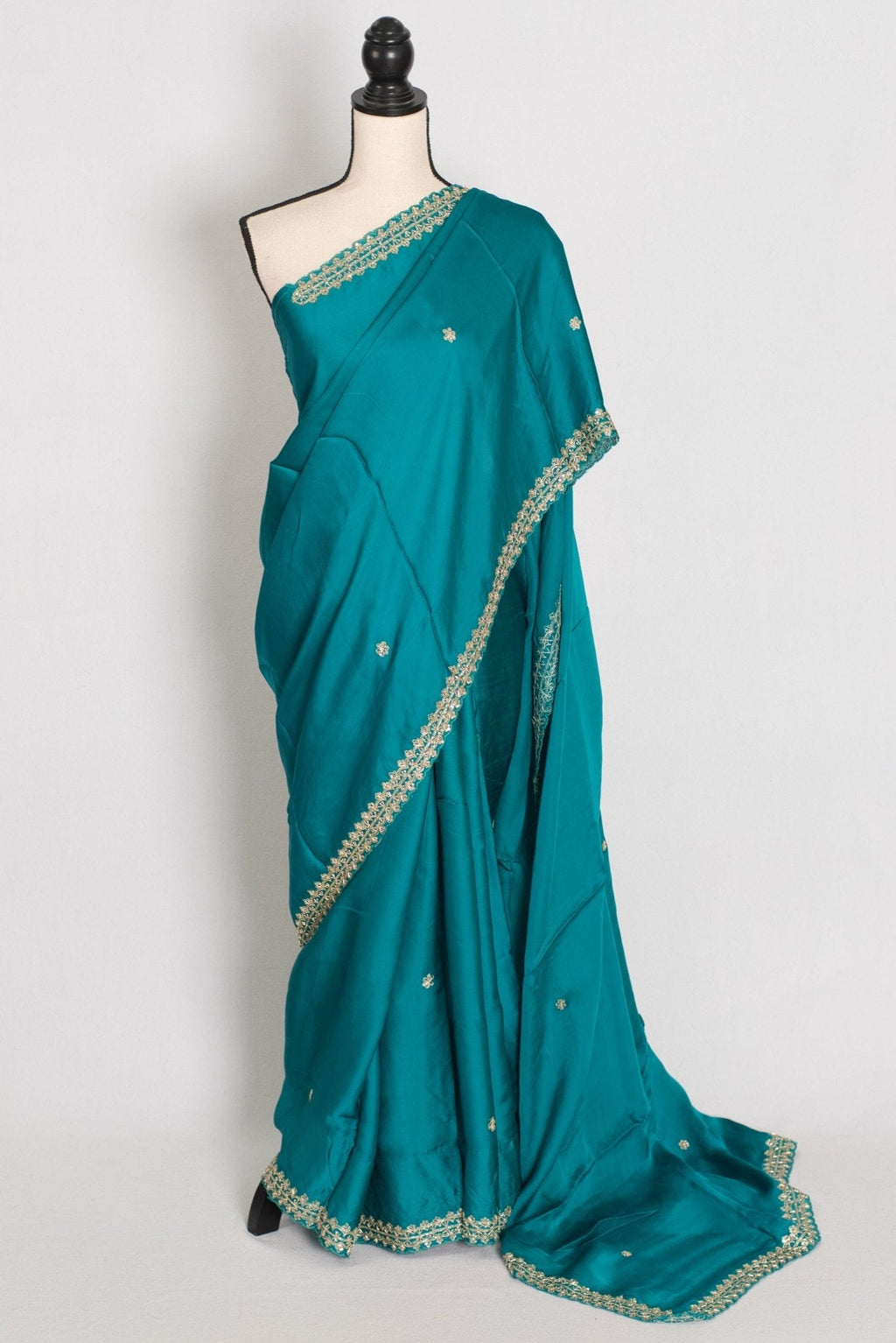 Arifa: Rama Green Satin Saree with Zardosi Work | Size 38 Blouse