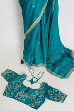 Arifa: Rama Green Satin Saree with Zardosi Work | Size 38 Blouse