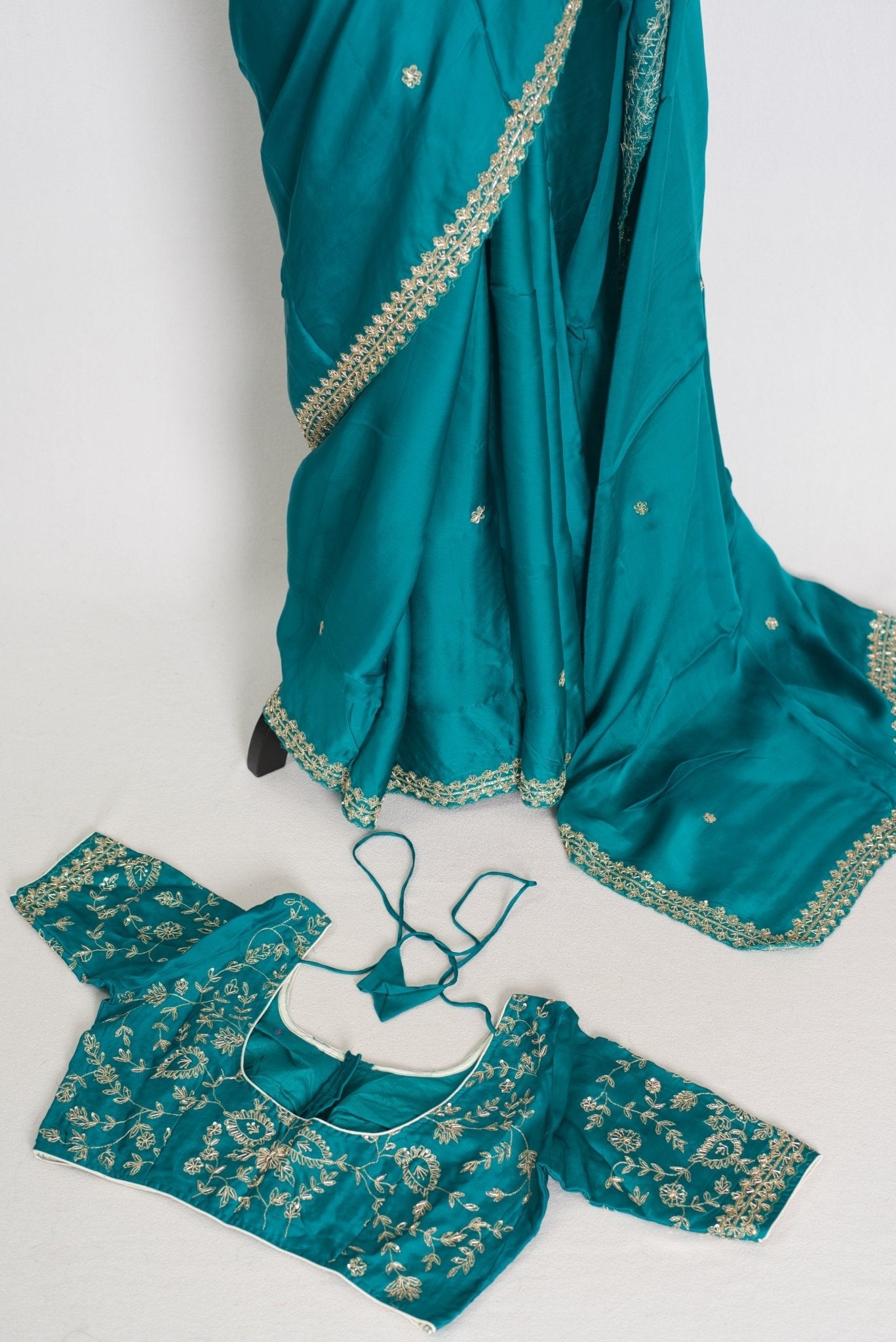 Arifa: Rama Green Satin Saree with Zardosi Work | Size 38 Blouse