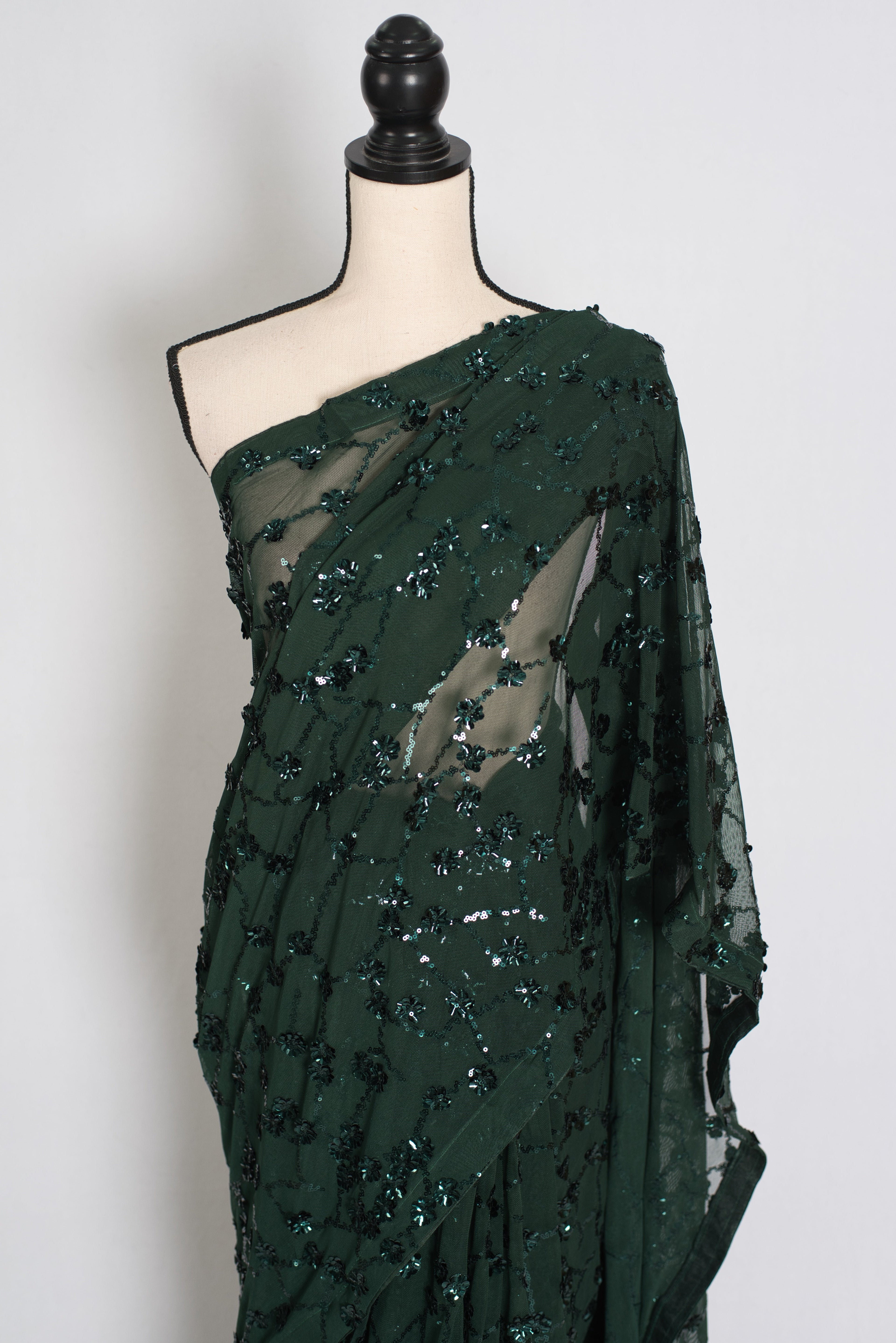 Gia | Bottle Green Soft Net Sequin Saree | Glamorous Evening Cocktail Partywear