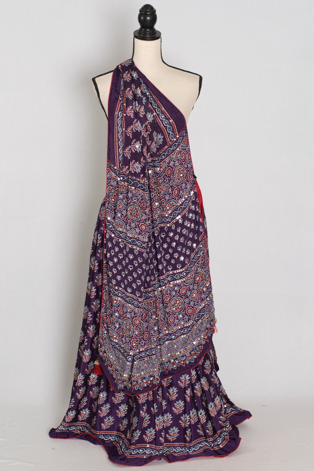 Parul | Purple Ajrakh Print Lehenga Saree with Stitched Blouse