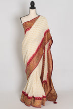 Jiya | Cream & Maroon Crepe Georgette Banarasi Saree | Traditional Bengali look