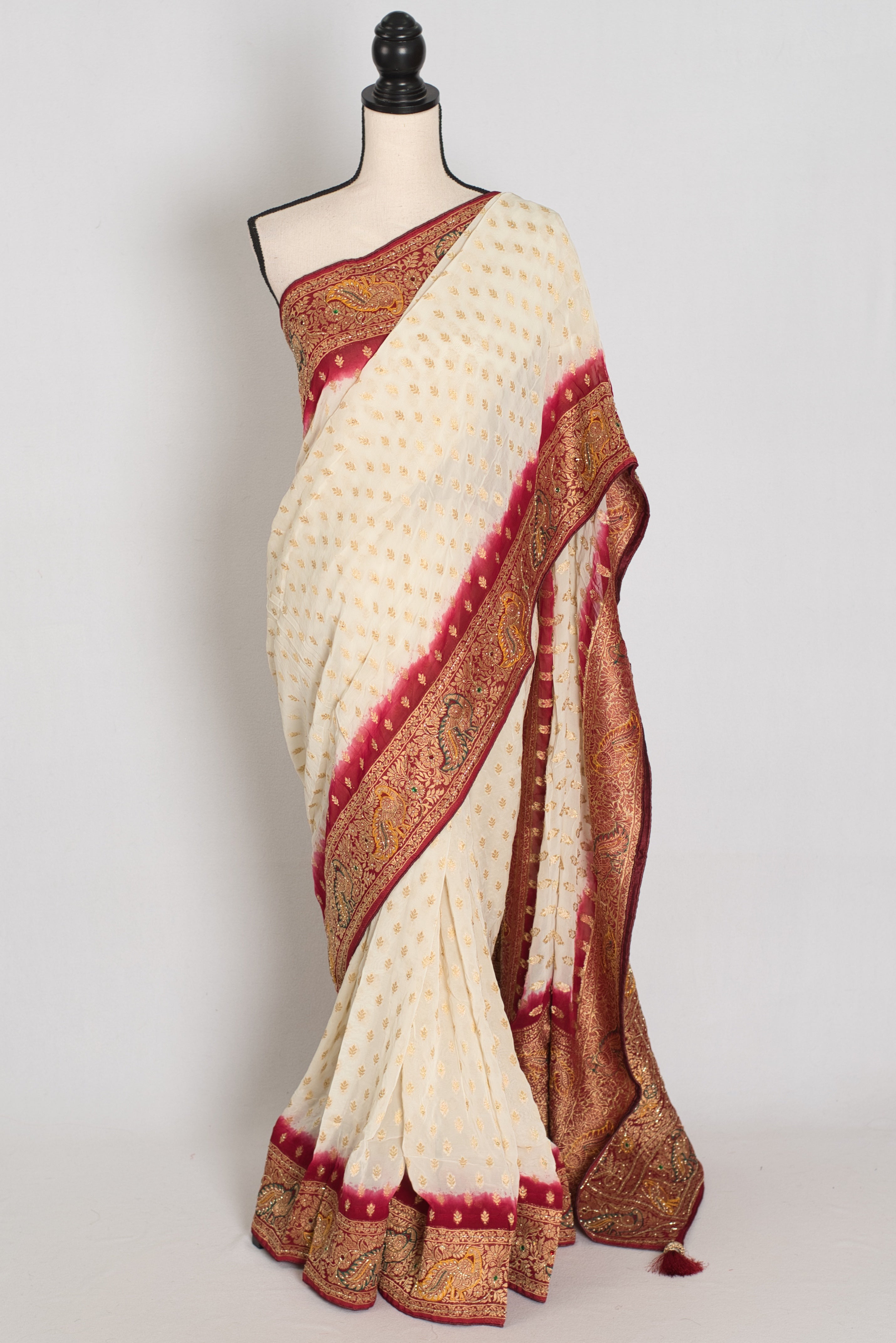 Jiya | Cream & Maroon Crepe Georgette Banarasi Saree | Traditional Bengali look