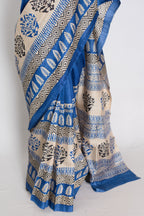 Mati Blue and White Hand Block Printed Tussar Silk Saree with 38 Size Blouse