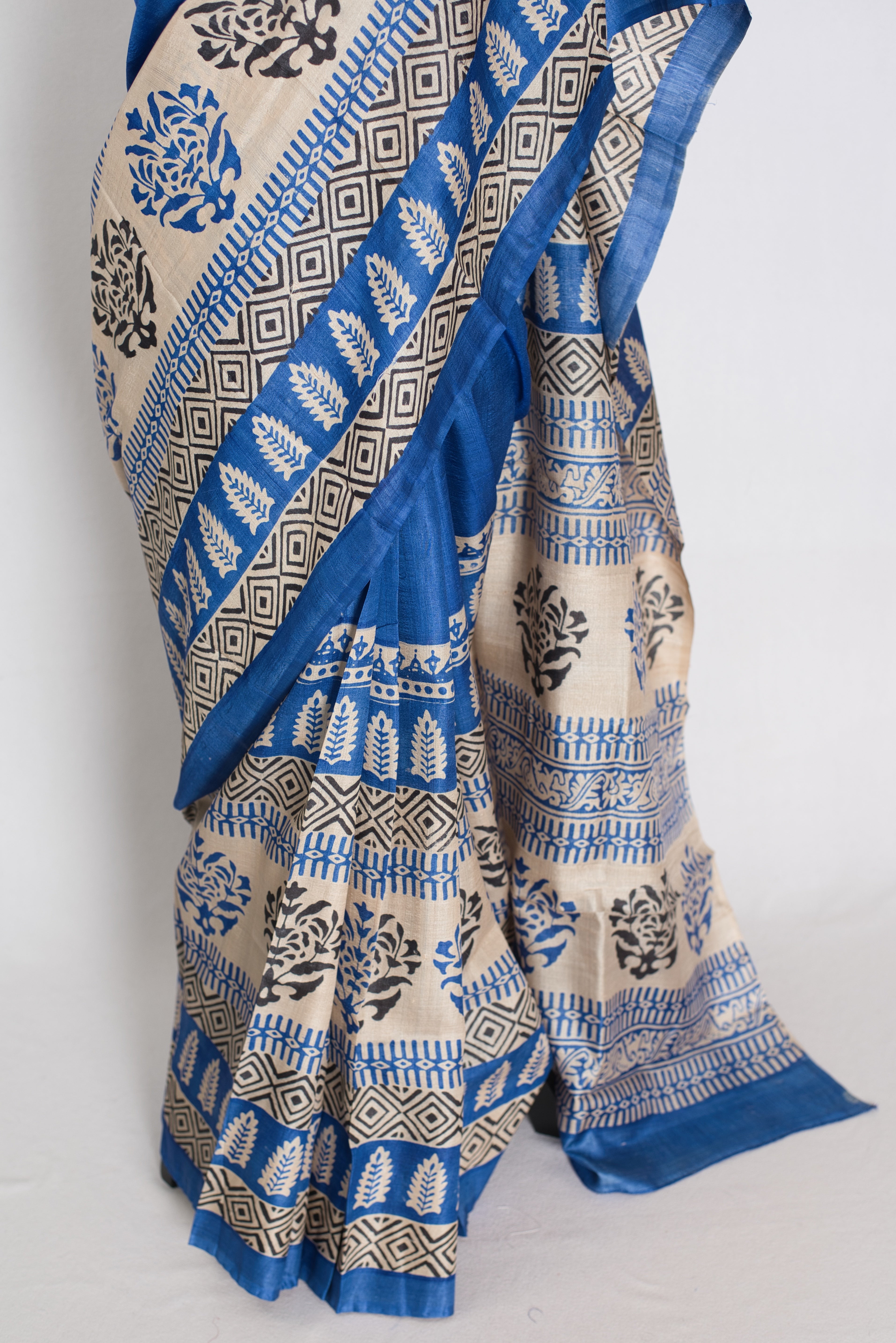 Mati Blue and White Hand Block Printed Tussar Silk Saree with 38 Size Blouse