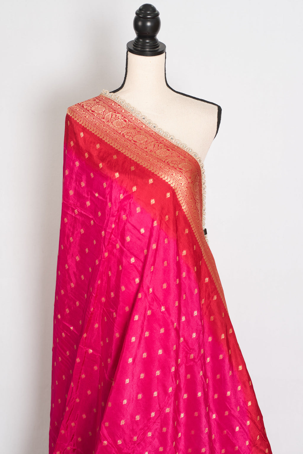 Harini | Pink & Red Dola Silk Banarasi Saree | Designer Stitched Lace Border