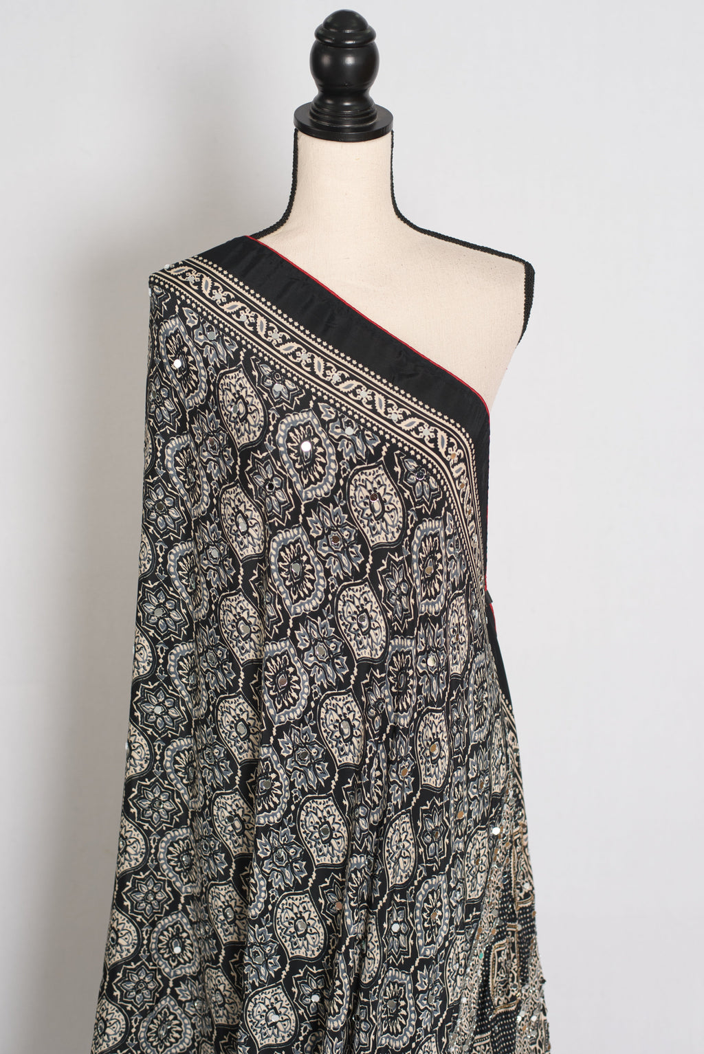 Ishq : Trending Black and Gray Semi Modal Silk Ajrakh Saree