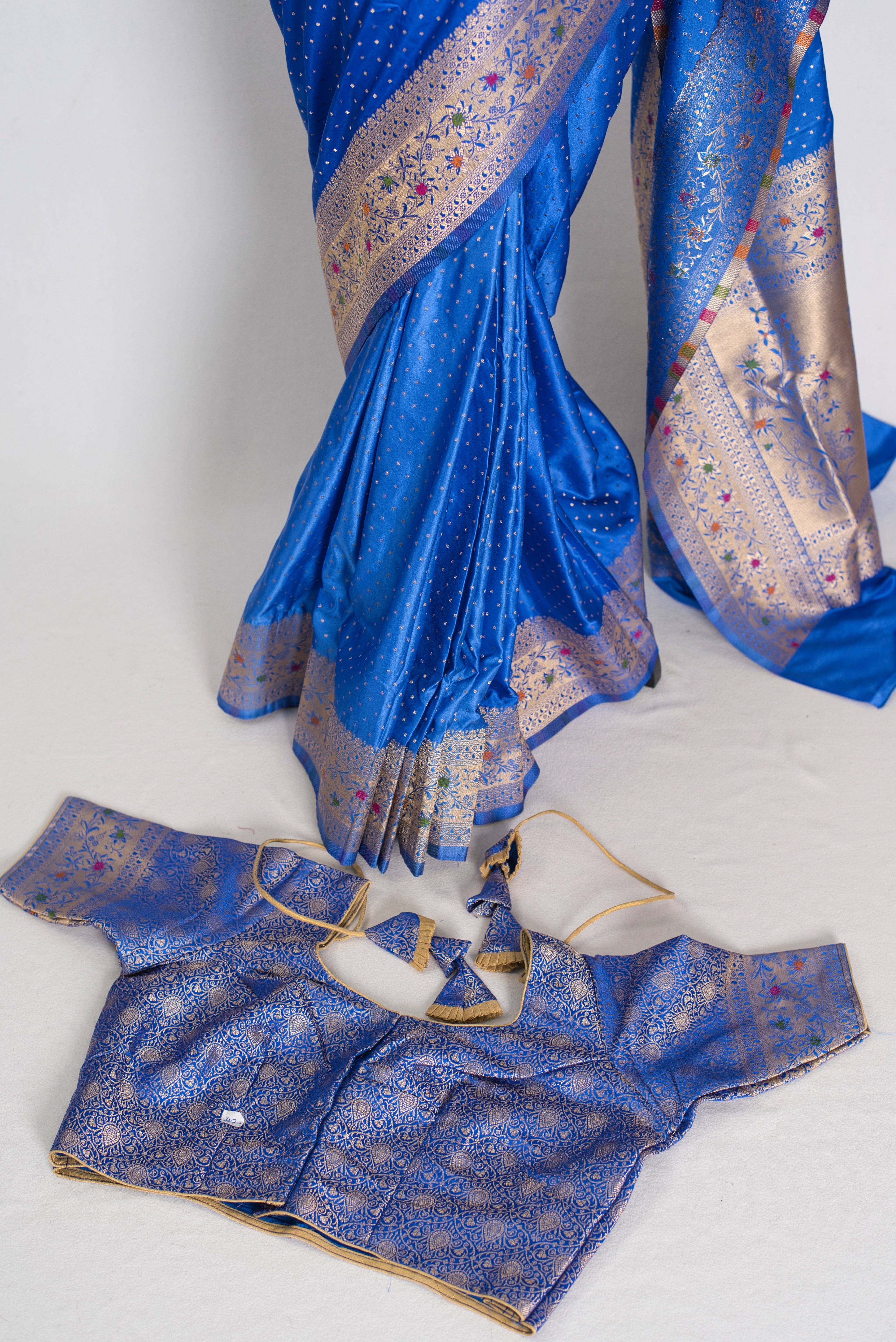 Nila | Blue Semi Mashru Banarasi Saree | Pre-Stitched Size 42 Brocade Blouse