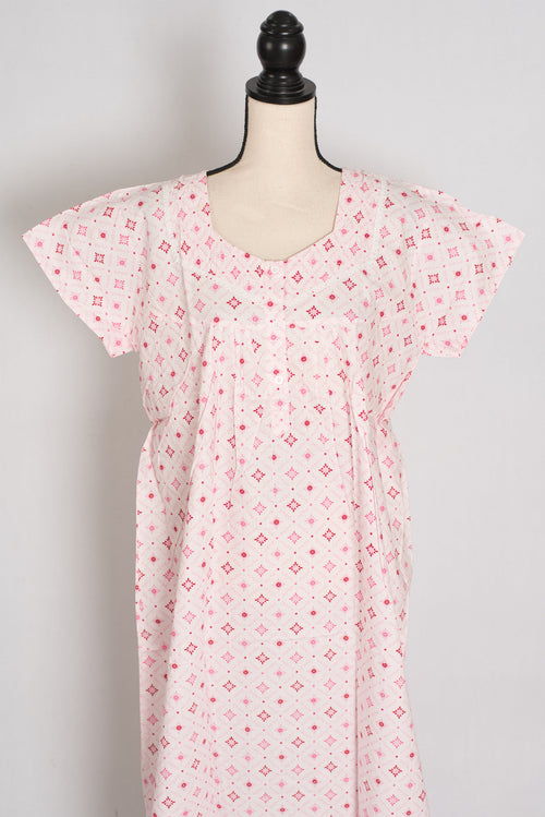 Baby Pink Geometric Floral Print Pure Cotton Indian Nightgown