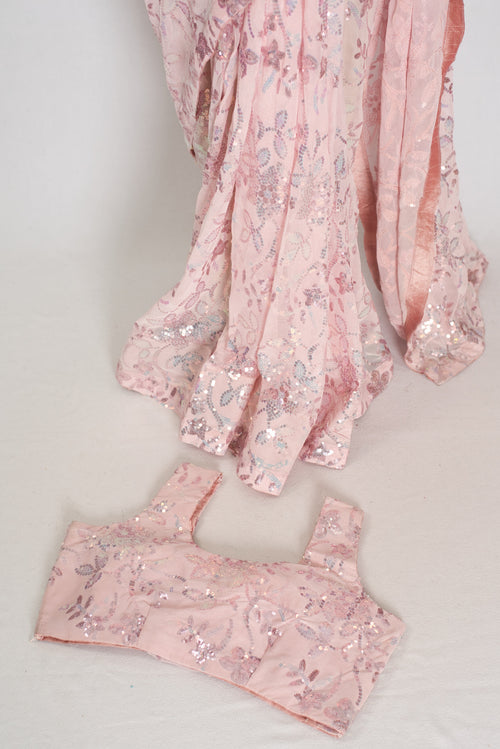 Ila | Baby Pink Soft Net Saree | Ready-to-Wear Set with Size 36 Stitched Blouse
