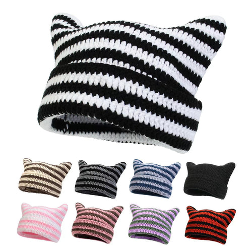 Hand-knitted Striped Cat Hat