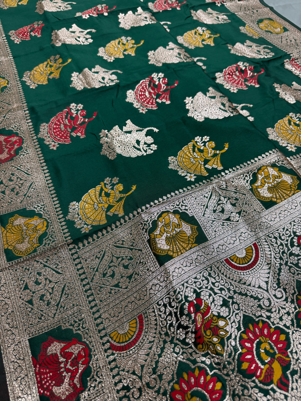 Rupa : Bottle Green Budget Friendly Baluchari Saree in Blended Silk