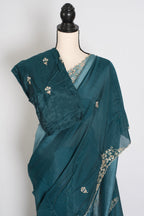 Nadia | Teal Green Shaded Soft Organza Saree | Zardosi Hand Embroidery